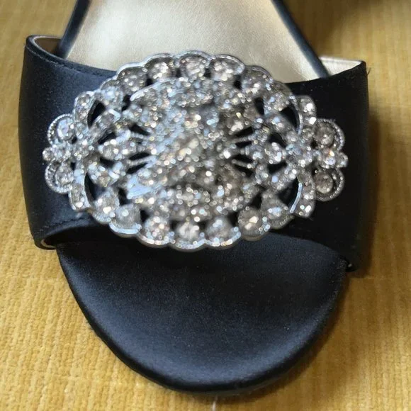 BADGLEY MISCHKA Mark and James Black Satin Block Heel JEWELED Ankle Strap 7 - Picture 2 of 10